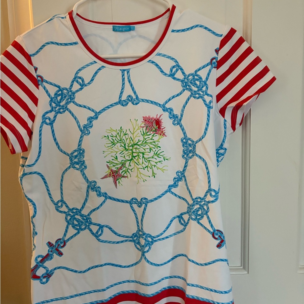 Nautical Rope Print Short Sleeve Tee by Mystique - White, Red & Blue